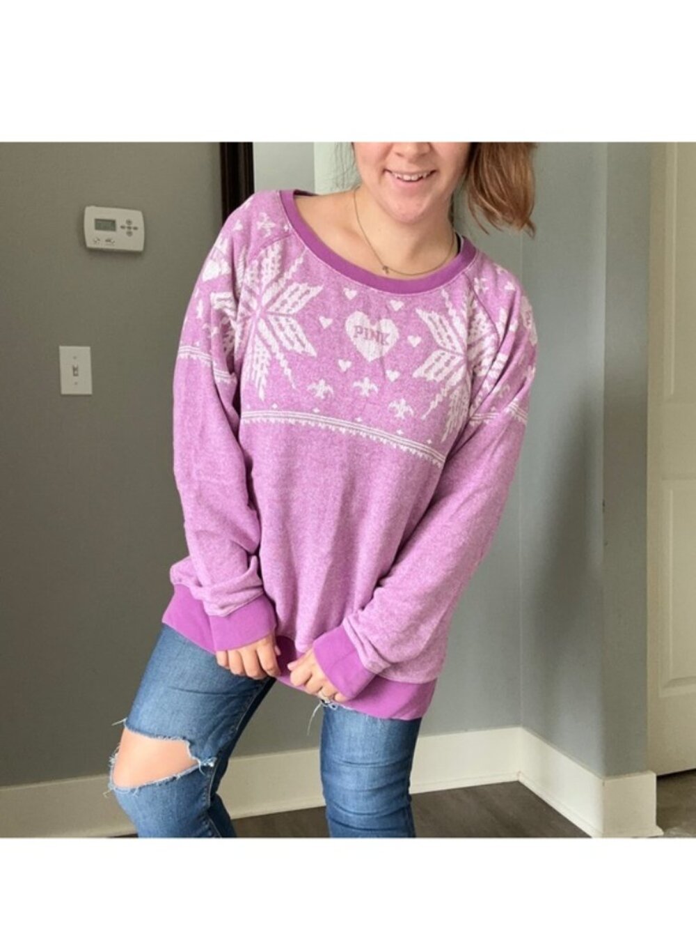 Victoria's Secret PINK | Lavender Fair Isle Snowflake Crew Sweater | Size Small - Picture 3 of 12